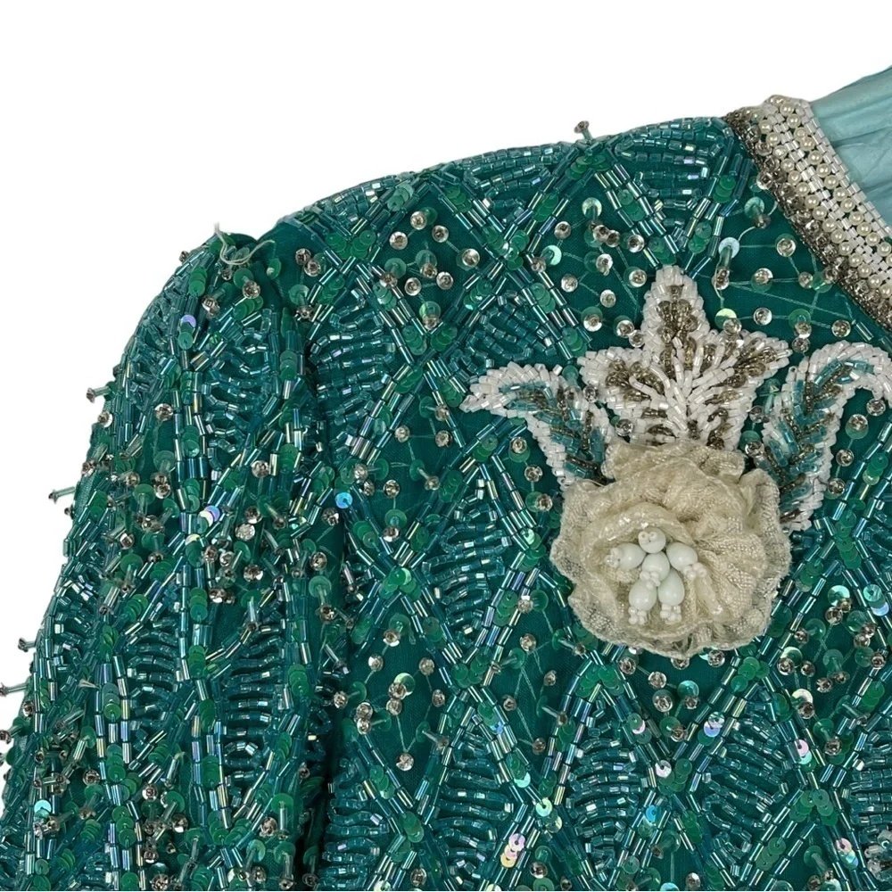 VINTAGE RICHILENE 70S SILK CHIFFON BEAD EMBELLISHED AQUA FORMAL EVENING GOWN - Picture 11 of 16